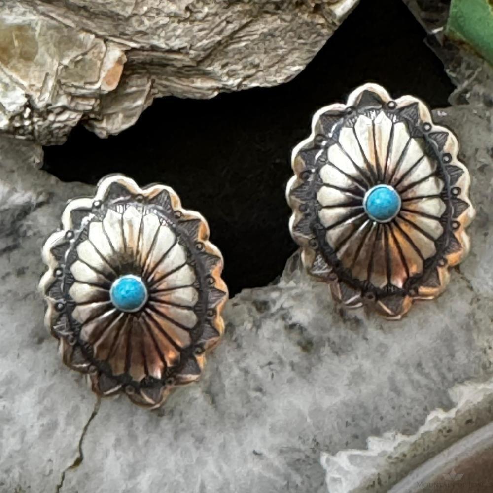 Native American Sterling Turquoise Dot Oval Concho Stud Earrings For Women